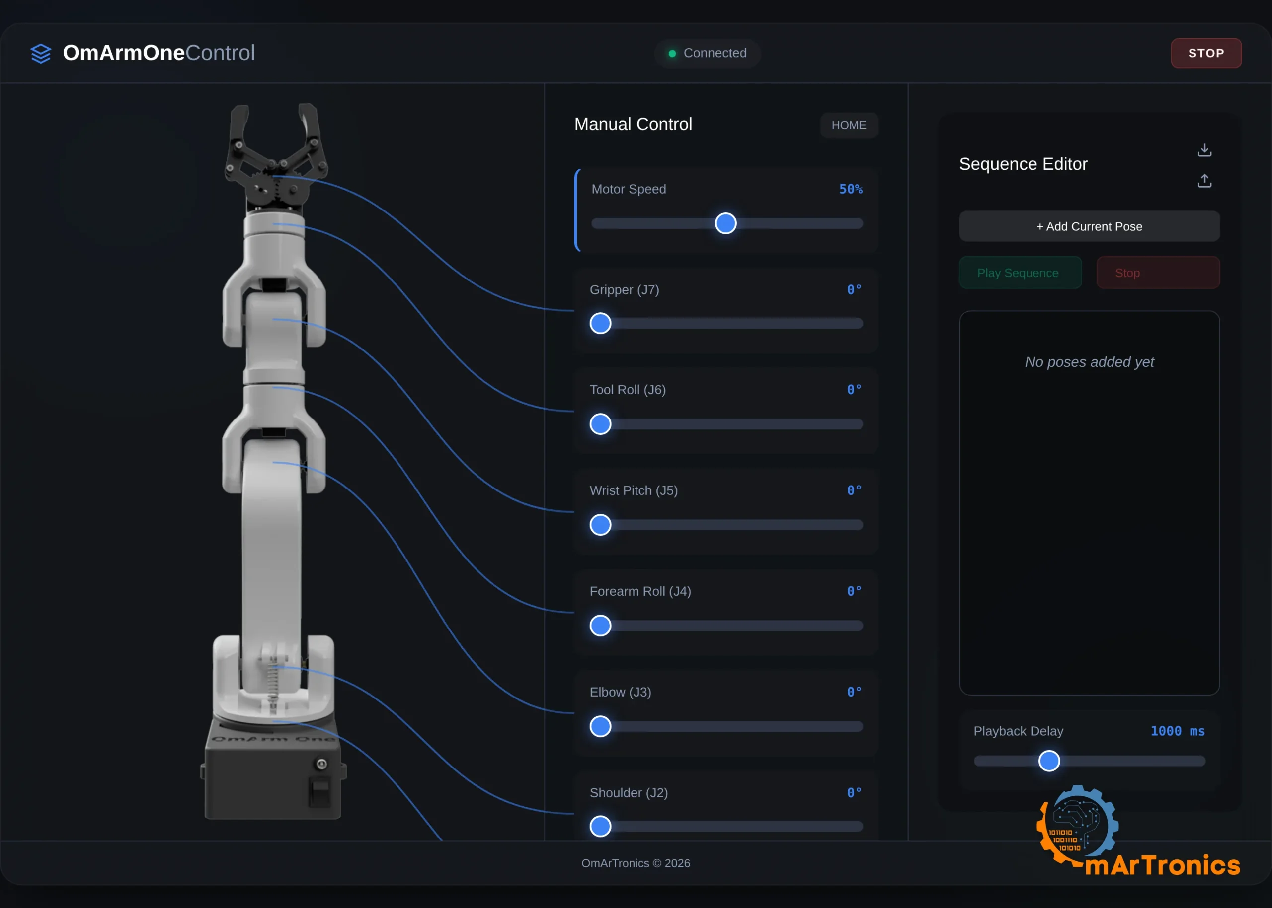 The full OmArm One control interface in a browser: joint sliders, sequence editor and a live arm diagram