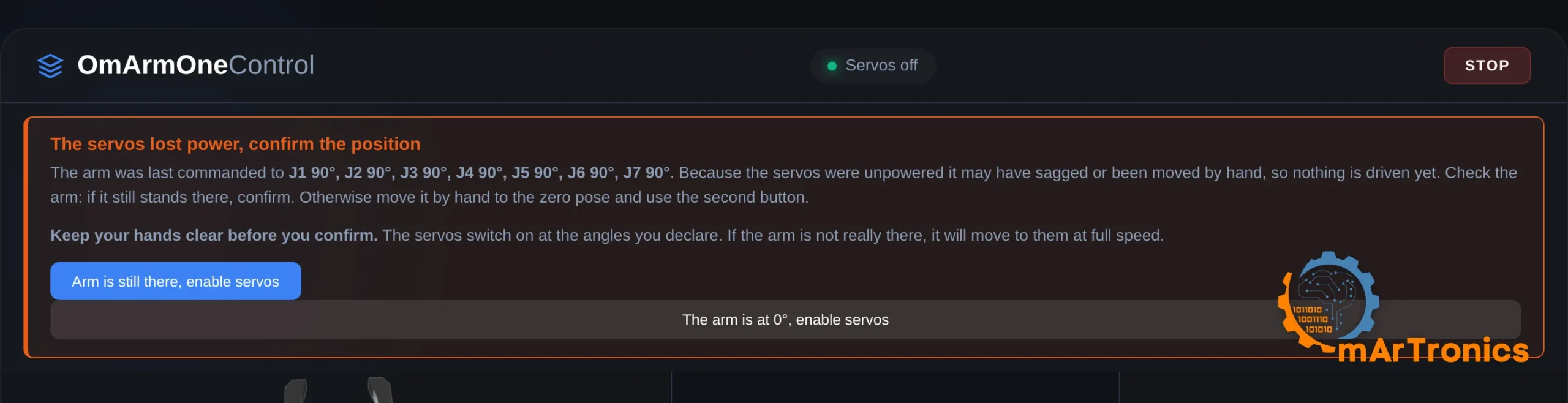 The safety banner: the board lost power, confirm the position