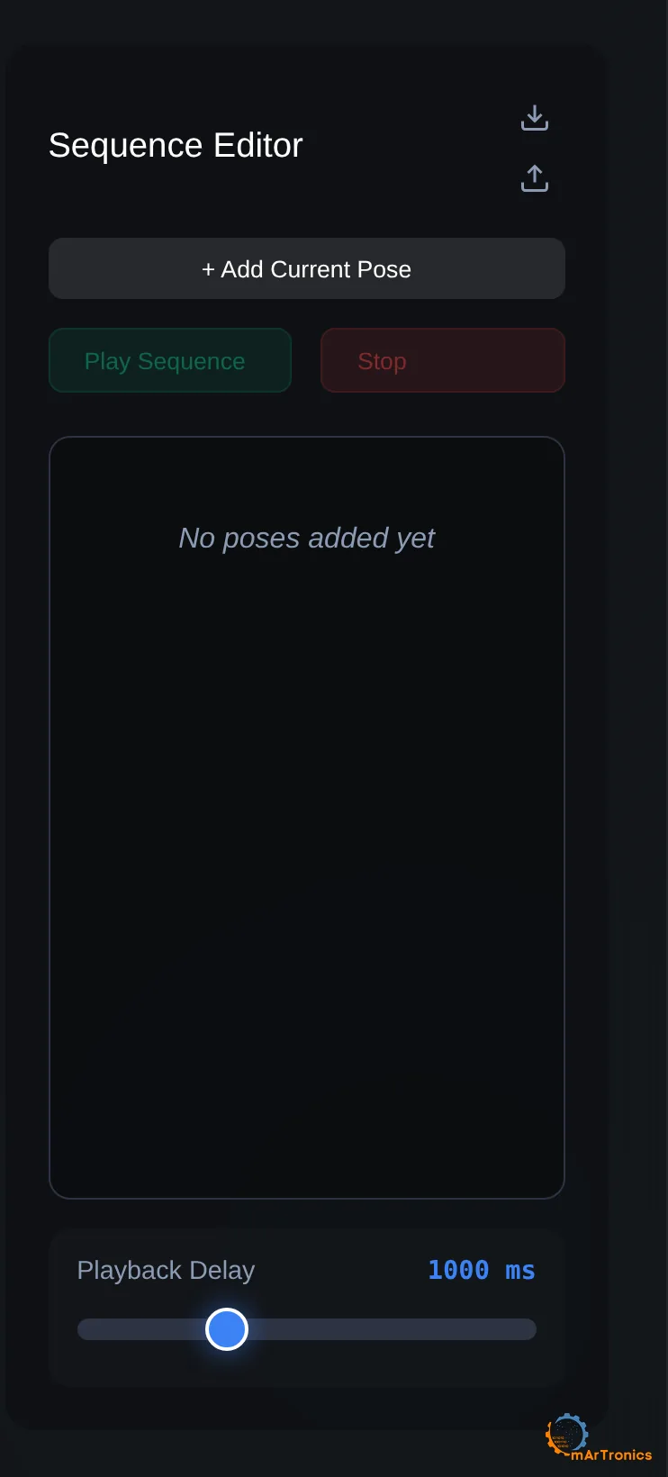 The sequence editor column: add pose, play, stop, the pose list and the playback delay