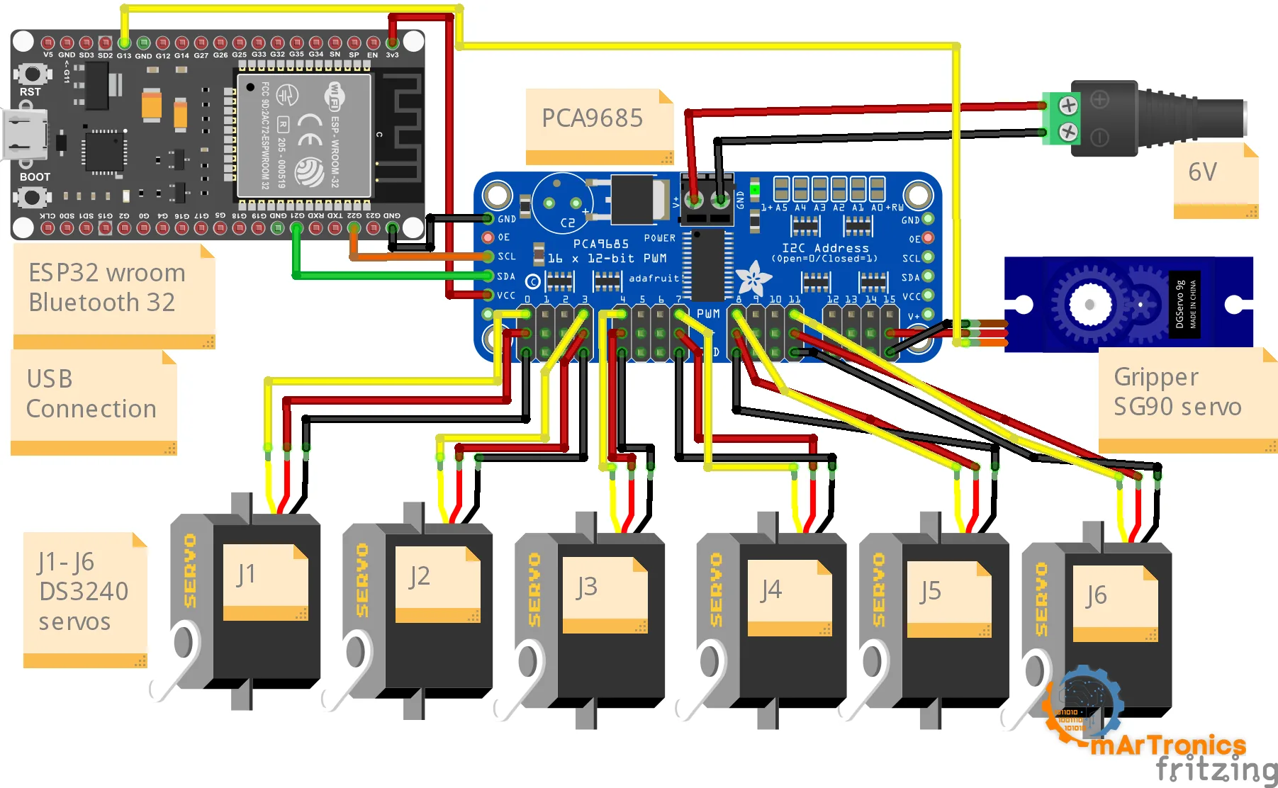 Wiring diagram: ESP32, PCA9685, six joint servos, the gripper servo and the 6 V supply
