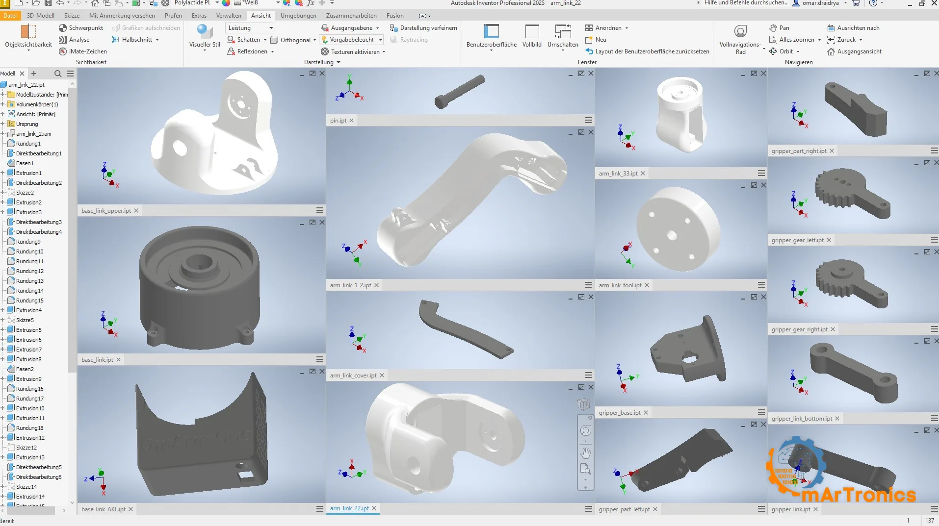 The printed parts of OmArm One open as separate files in Autodesk Inventor