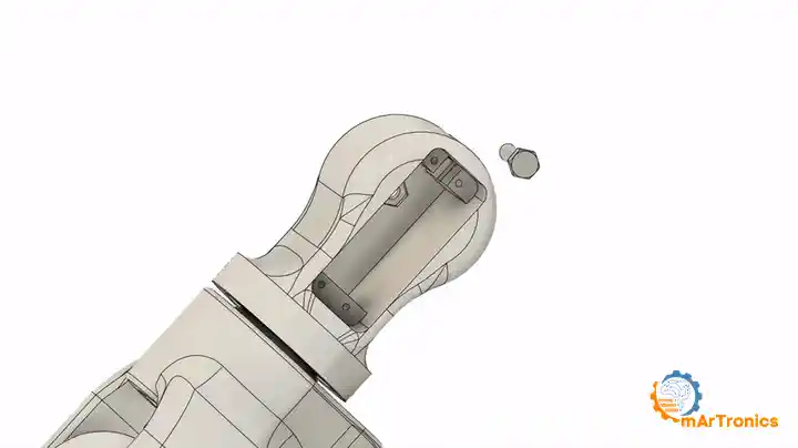 Animation of the last M5 nut running onto its bolt, then the wrist servo dropping into its pocket