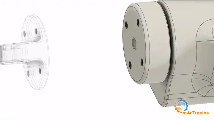 Animation of the gripper base bolting to the tool flange with four M3 socket-head screws
