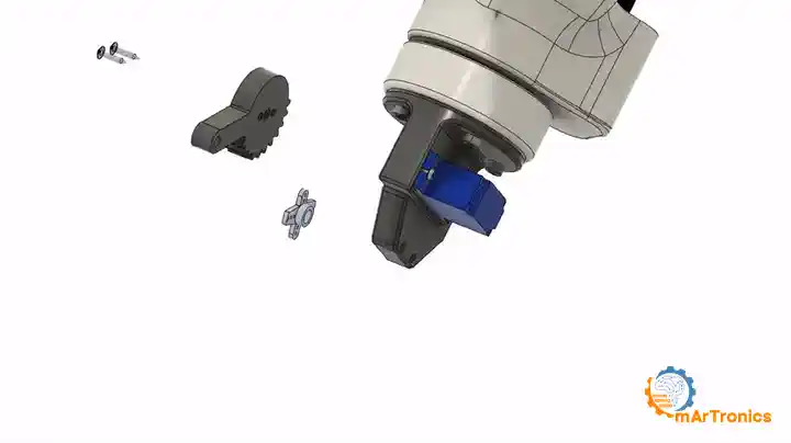 Animation of the SG90 going into its pocket, the gear pair, the jaw linkage and the finished arm