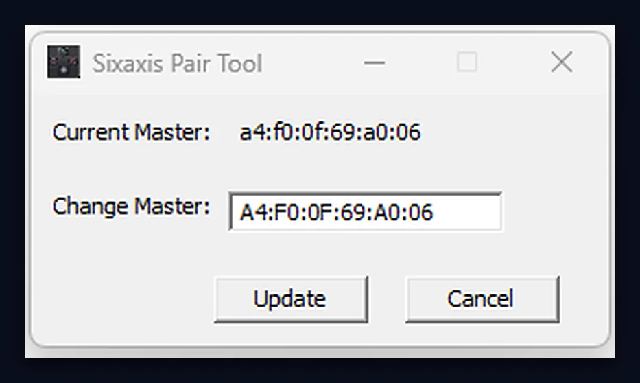 Screenshot of the Sixaxis pairing tool on Windows showing the ESP32 Bluetooth address in the Current Master and Change Master fields