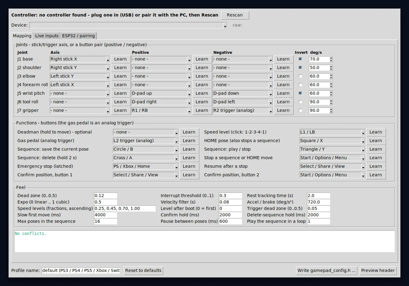 Screenshot of the Python gamepad mapper tool showing joints, functions and feel settings with a Learn button next to every binding
