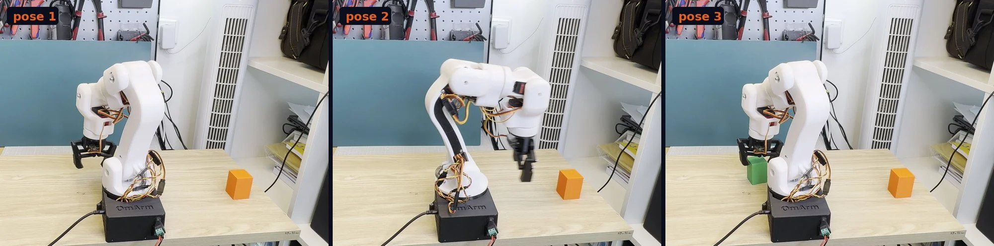 Three frames of the 3D printed robot arm working through a recorded pose sequence with the controller lying on the table