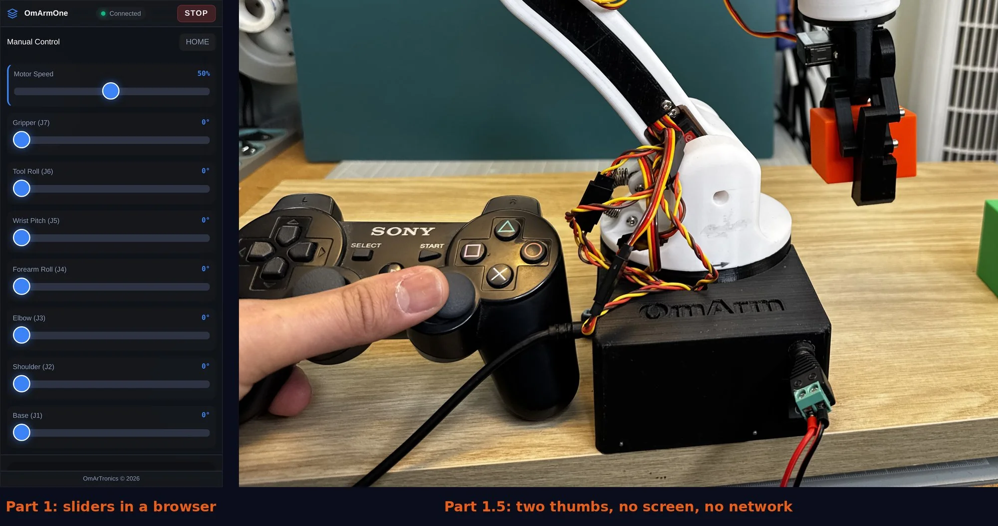 The Part 1 web app open on a phone next to a DualShock 3 controller held in one hand