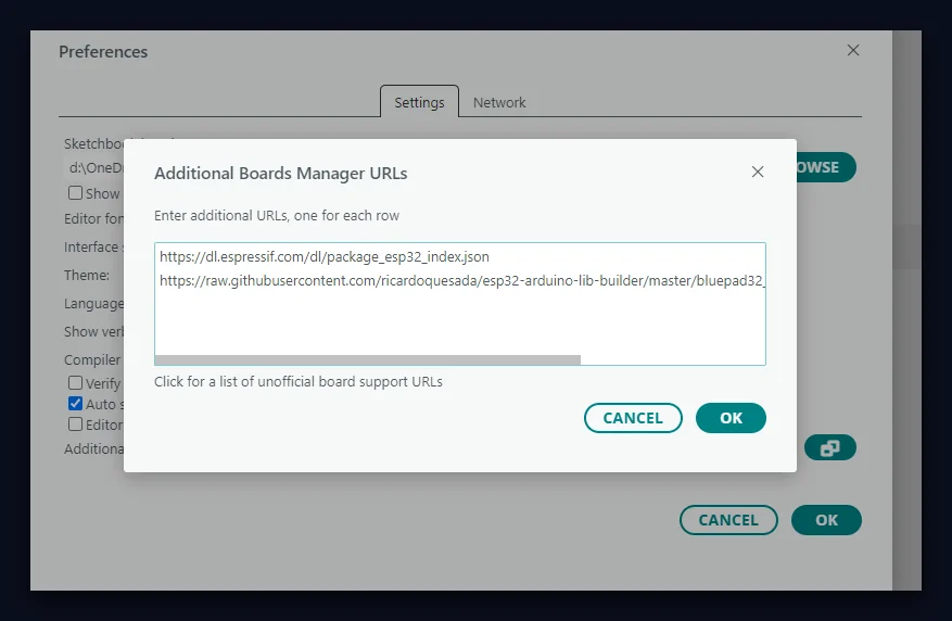 Arduino IDE preferences dialog showing the Espressif ESP32 and the Bluepad32 additional boards manager URLs on two separate lines