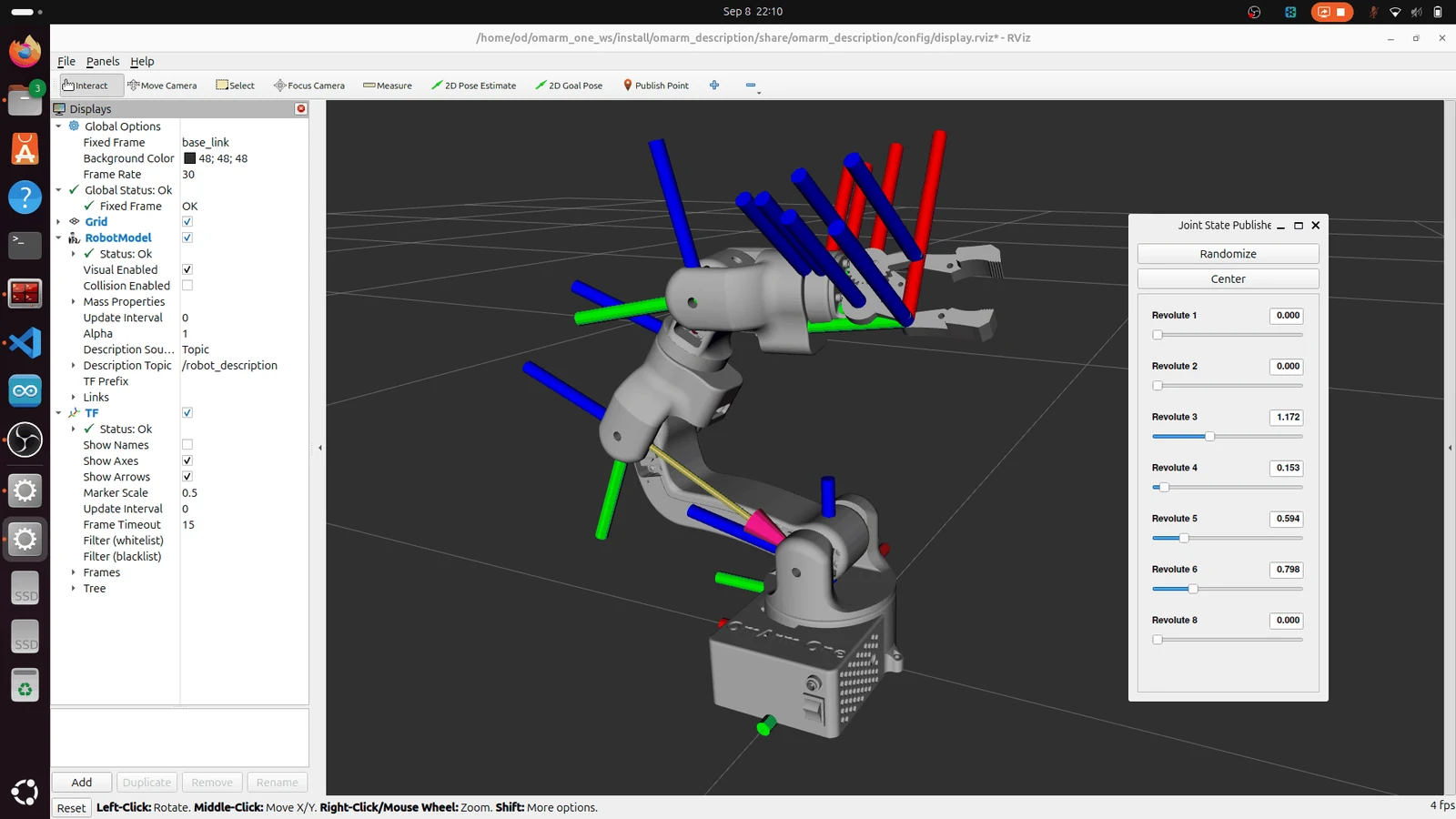 RViz showing the OmArm One model with TF axes and the joint state publisher GUI window with seven sliders, one per driven joint