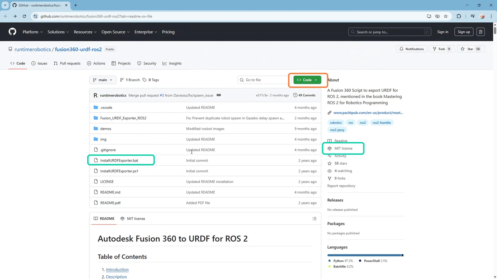 The fusion360-urdf-ros2 repository on GitHub: the green Code button, the file list, and the MIT licence in the About sidebar