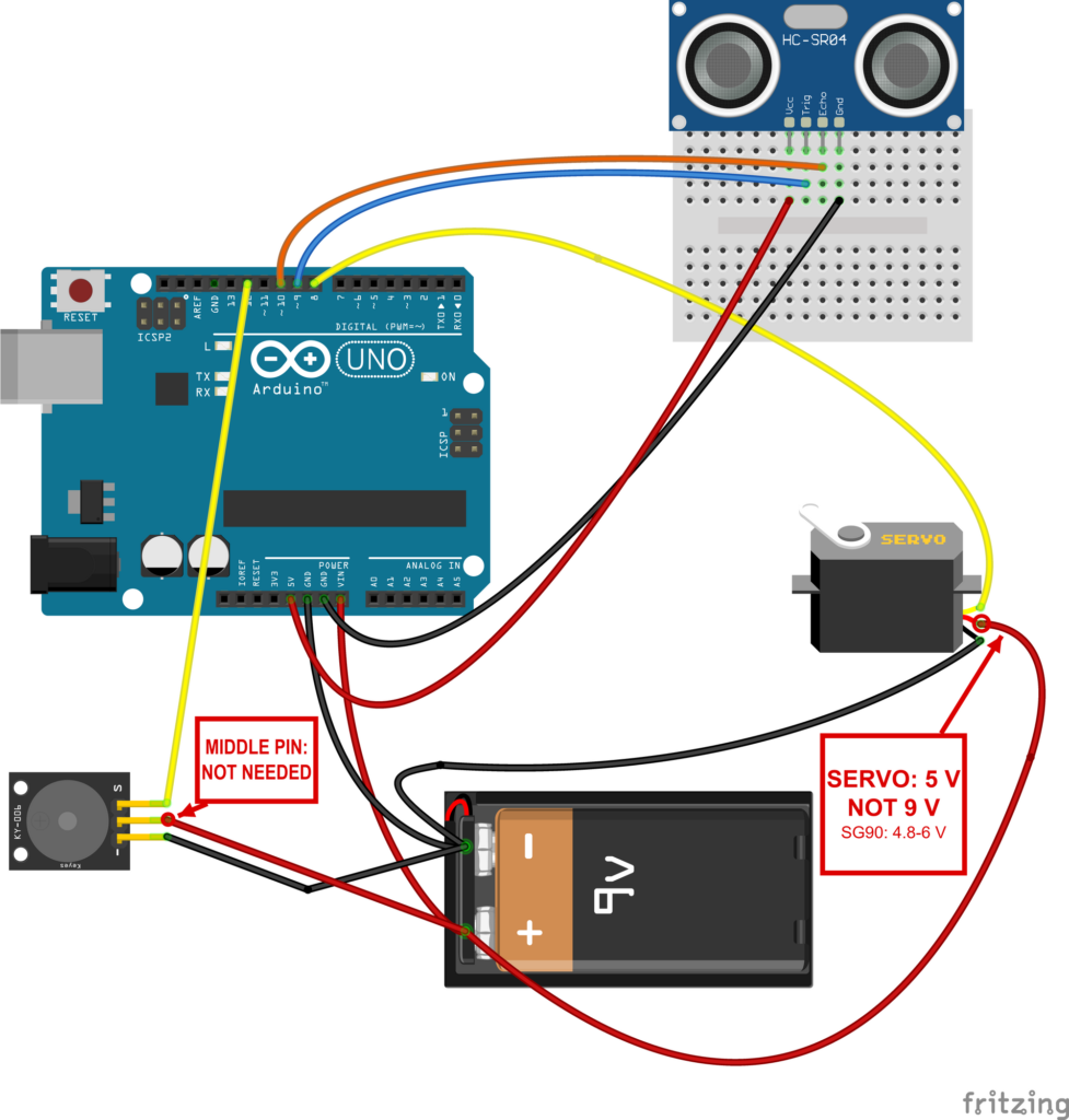 The same wiring diagram with a KY-006 buzzer module on pin 12 and red notes: servo red wire on 5 V, not 9 V, and the buzzer's middle pin not needed