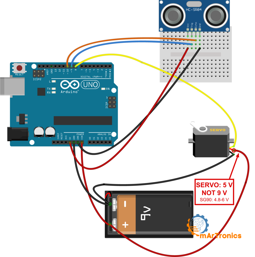 Breadboard wiring diagram: HC-SR04 with TRIG on pin 9 and ECHO on pin 10, SG90 signal on pin 8, a 9 V battery on VIN, and a red note on the servo's red wire: 5 V, not 9 V