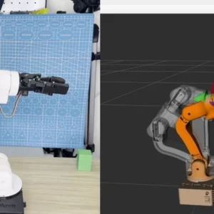 The real OmArm One and its RViz model in the same pose, with the interactive marker on the gripper