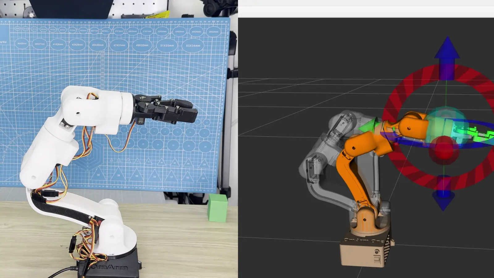 The real OmArm One and its RViz model in the same pose, with the interactive marker on the gripper