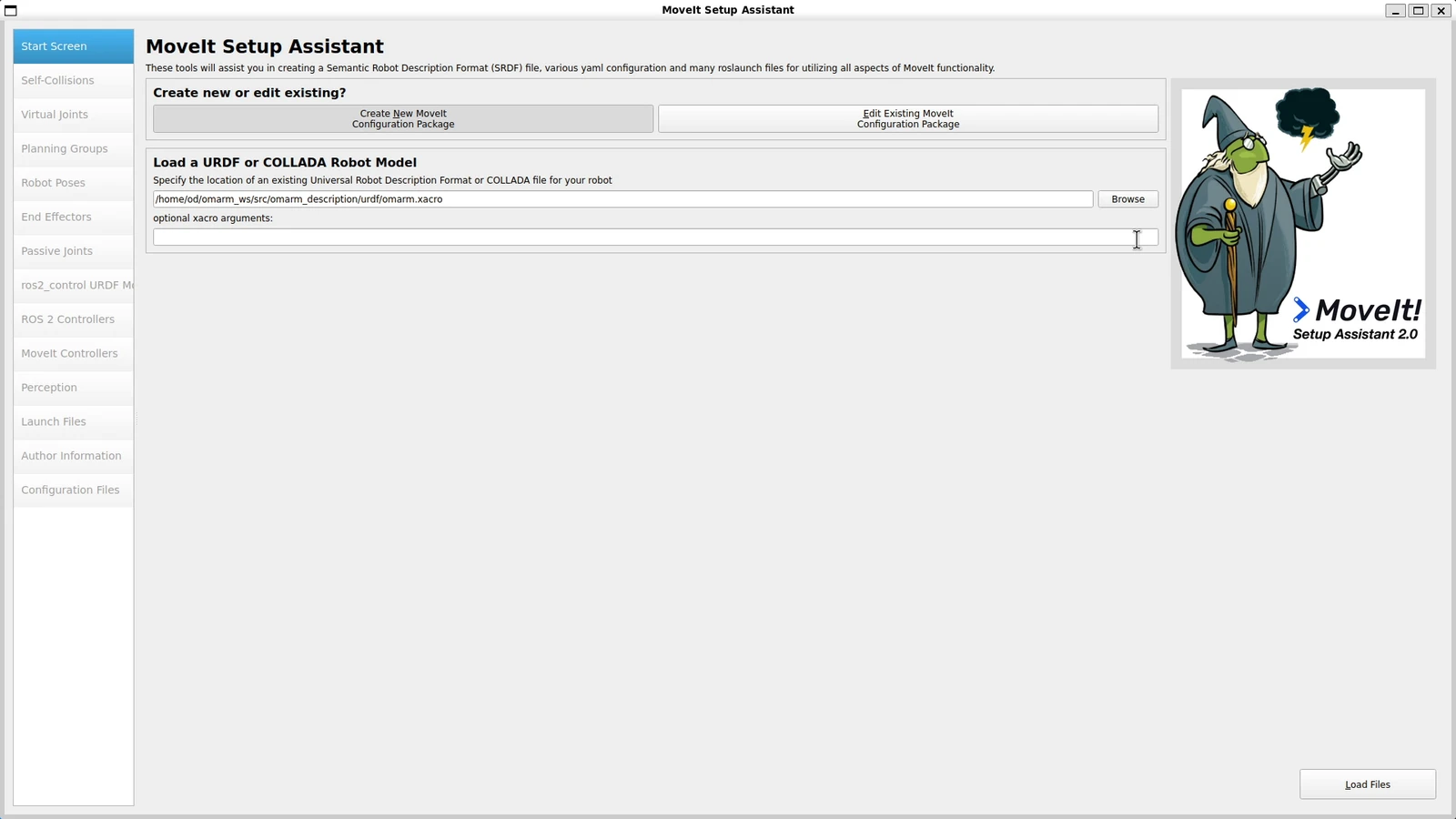 The MoveIt Setup Assistant start screen with the path to omarm.xacro filled in