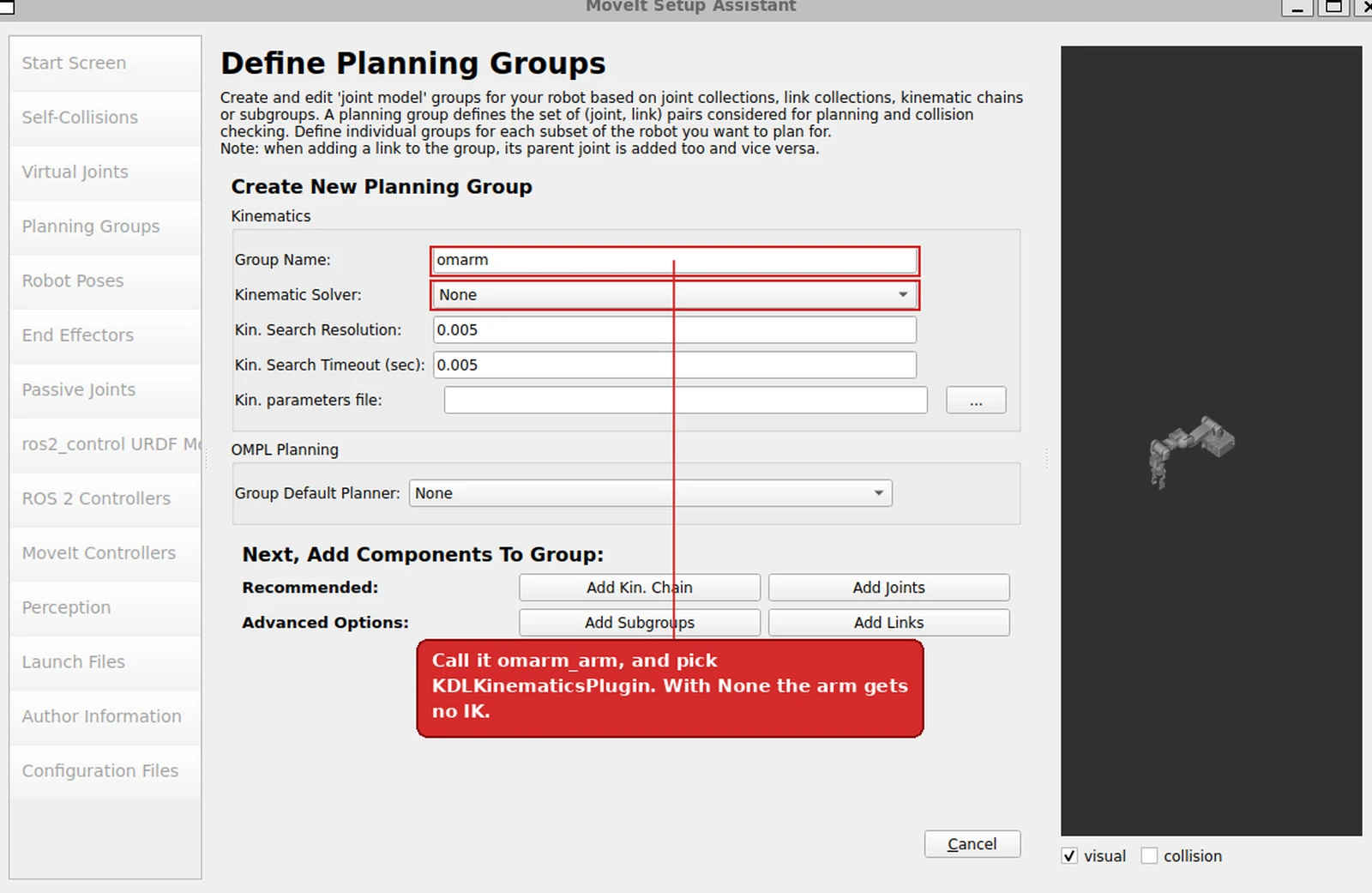 The Create New Planning Group dialog for the arm, with the name and solver fields marked