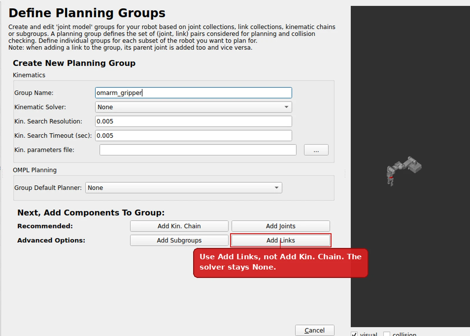 The Create New Planning Group dialog for the gripper, with the Add Links button marked