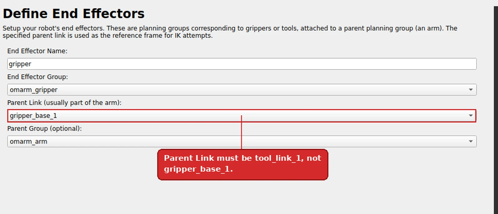 The end-effector form filled in with gripper_base_1 as the parent link