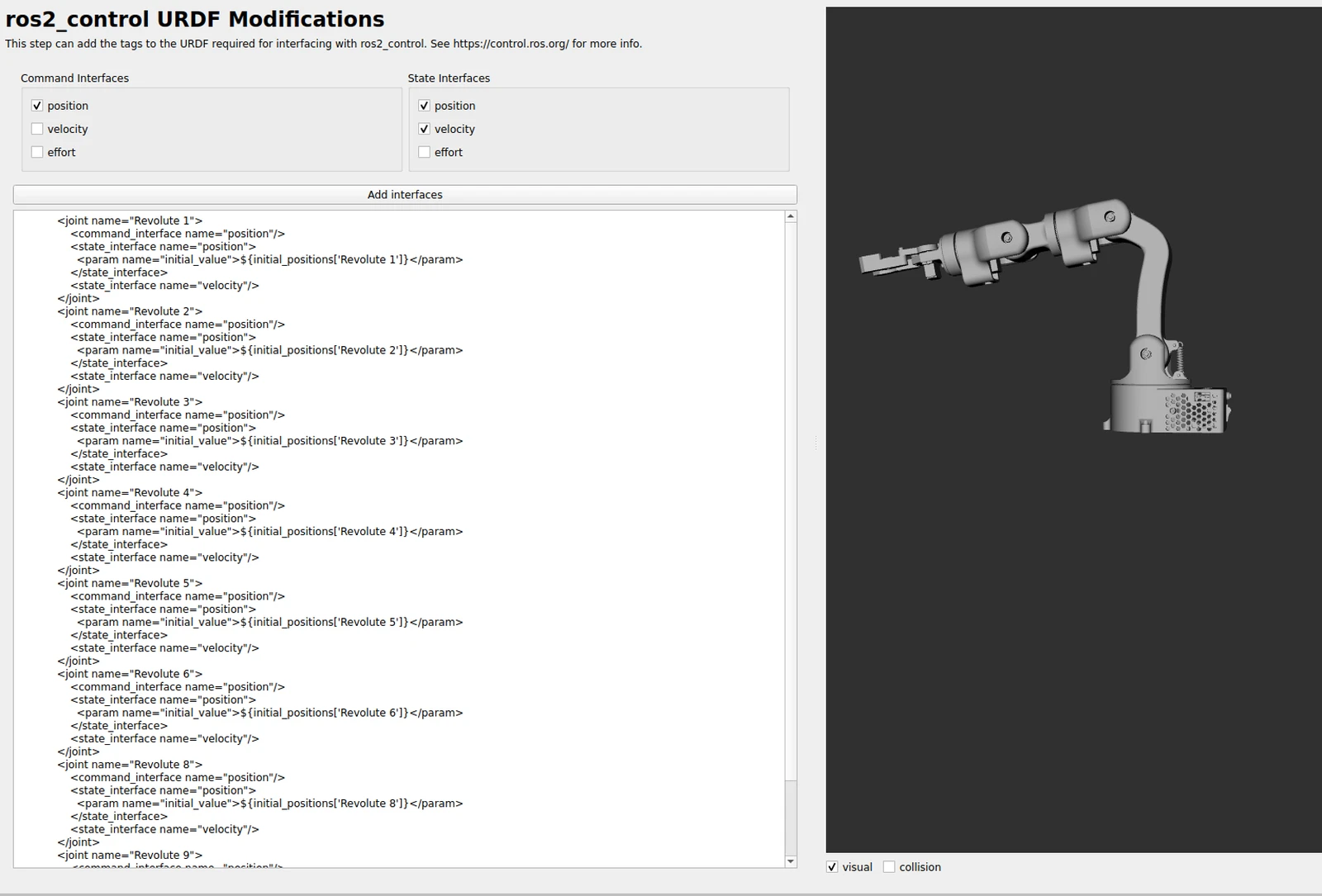 MoveIt Setup Assistant ros2_control URDF modifications screen