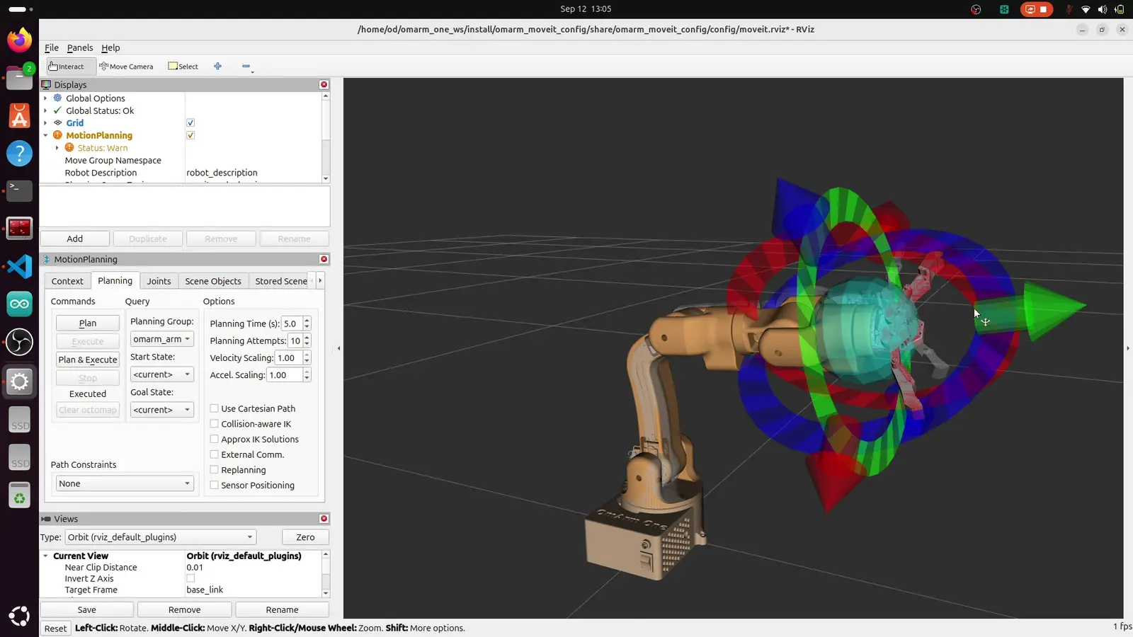 A closer view of the marker and the planned goal state in RViz
