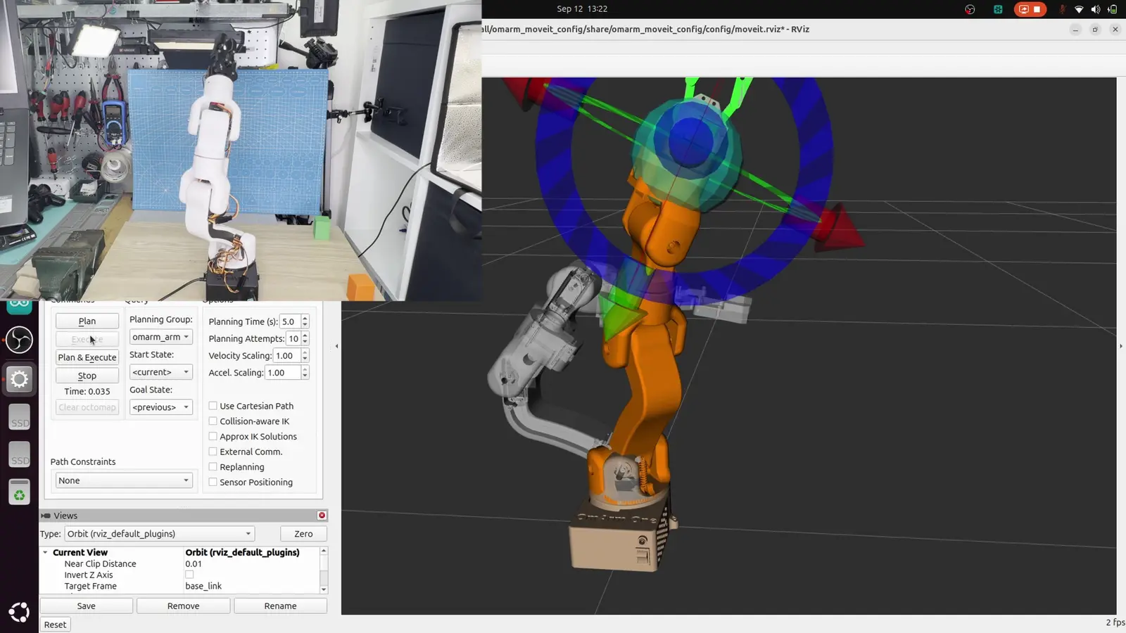 The interactive marker's orientation rings around the gripper in RViz