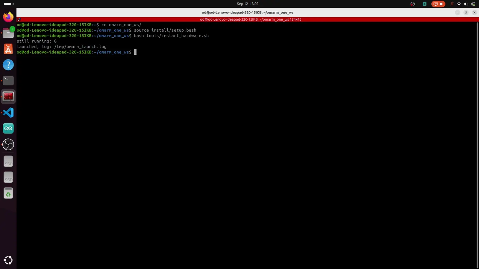 The terminal output of building and sourcing the workspace before launching