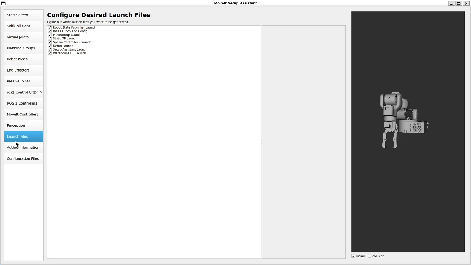 MoveIt Setup Assistant launch file selection
