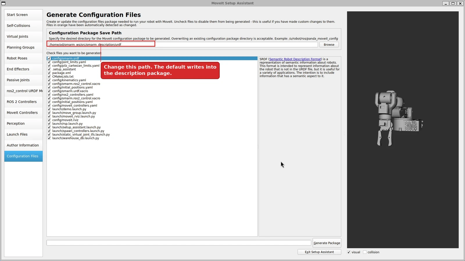 The Generate Configuration Files screen with the default save path marked