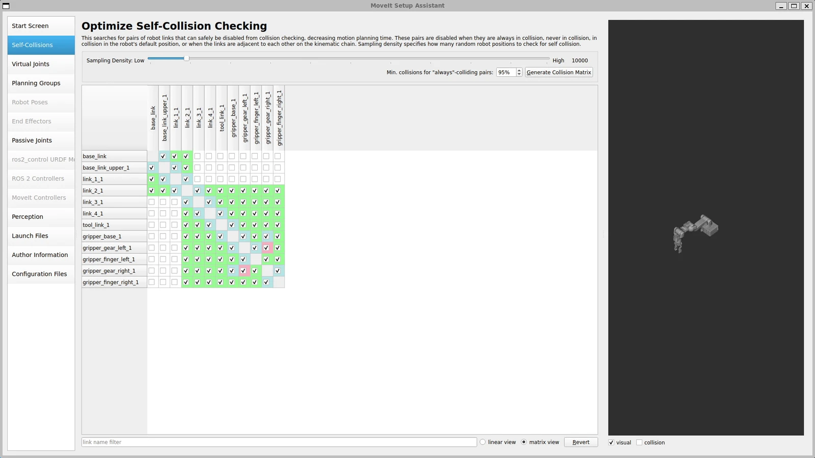 The Setup Assistant's self-collision matrix after sampling the joint space