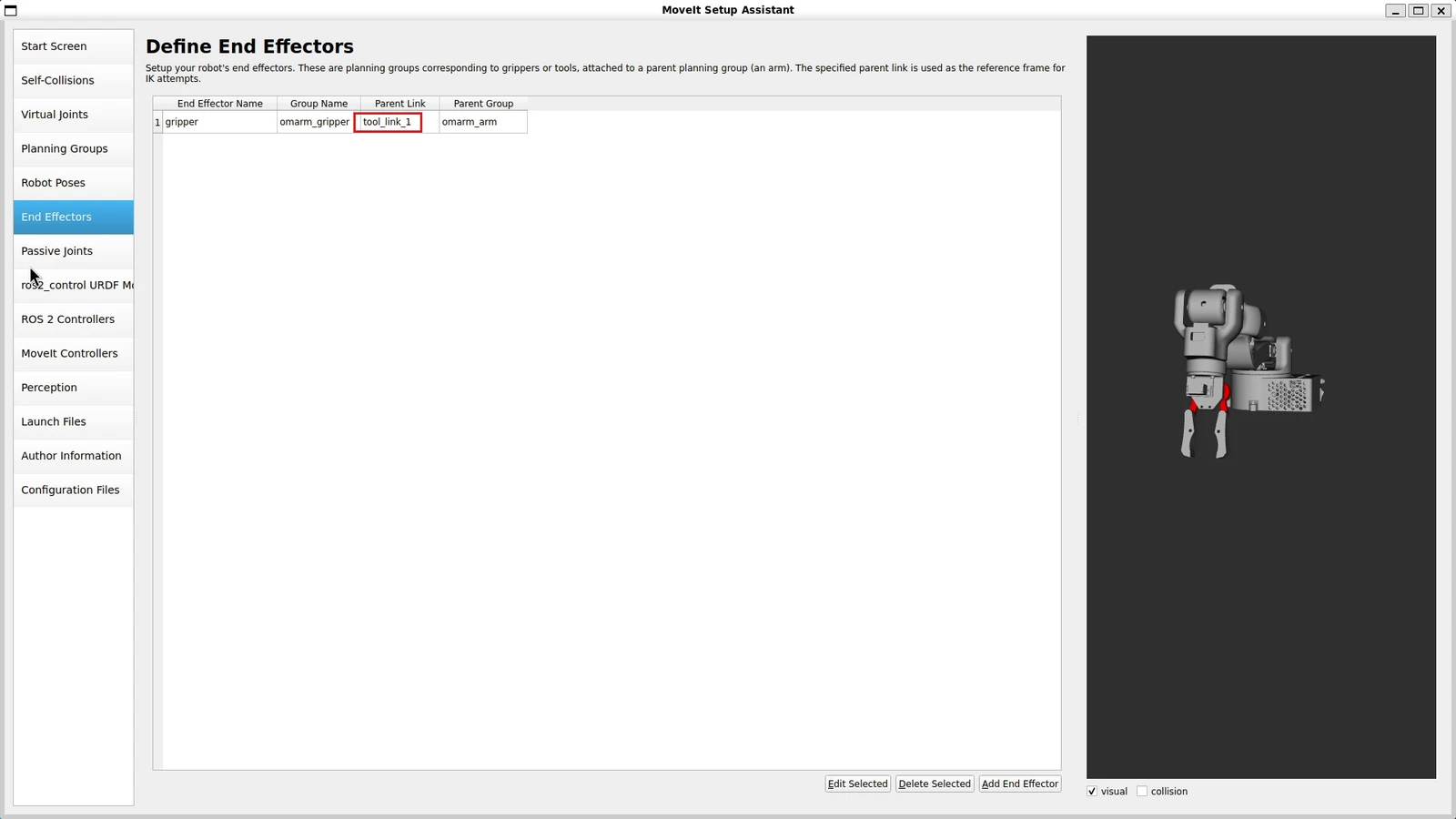 The End Effectors table accepted, with tool_link_1 as the parent link